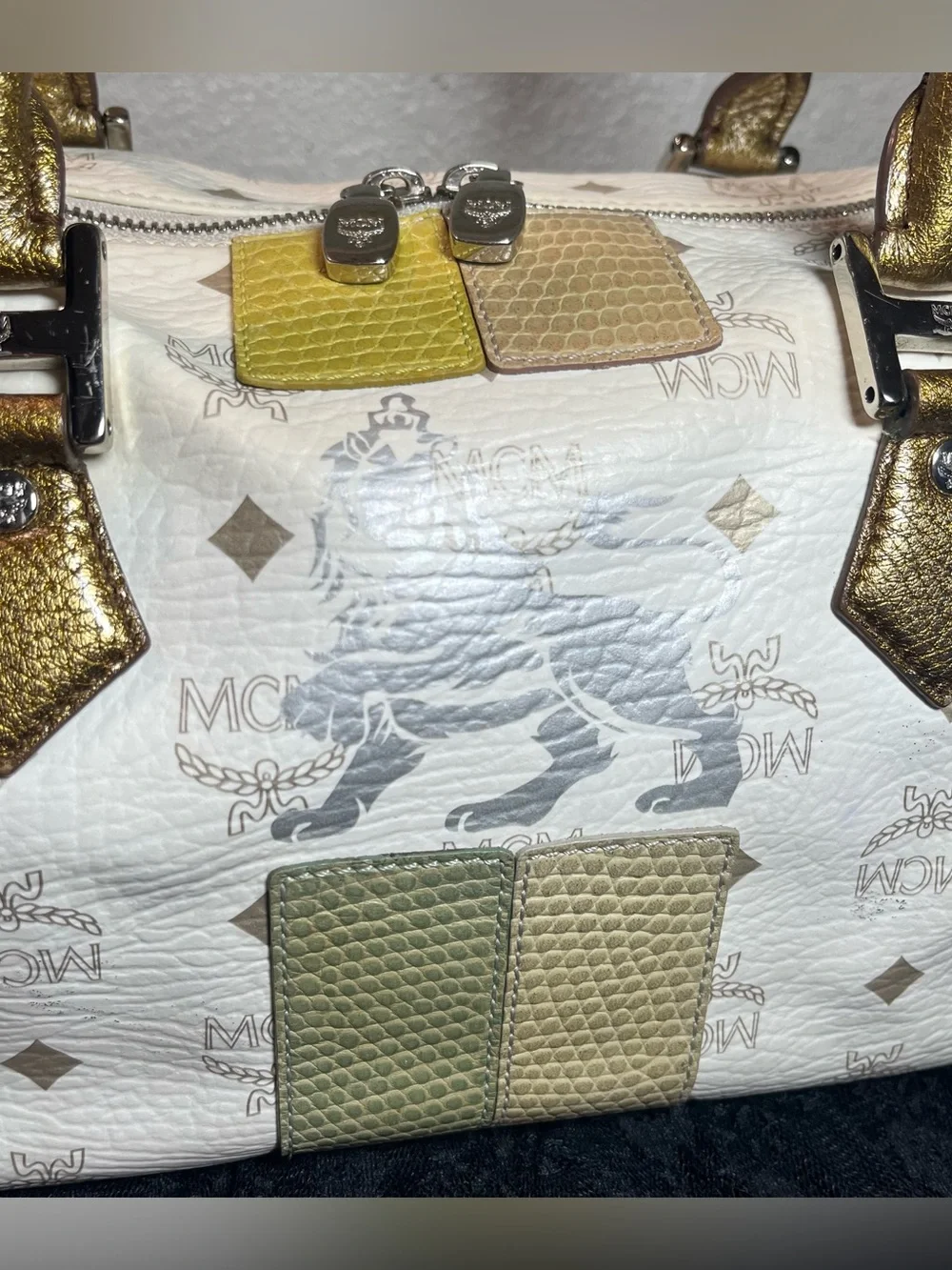 MCM Princess Lion Satchel H0501 White Visetos Bronze Python Trim